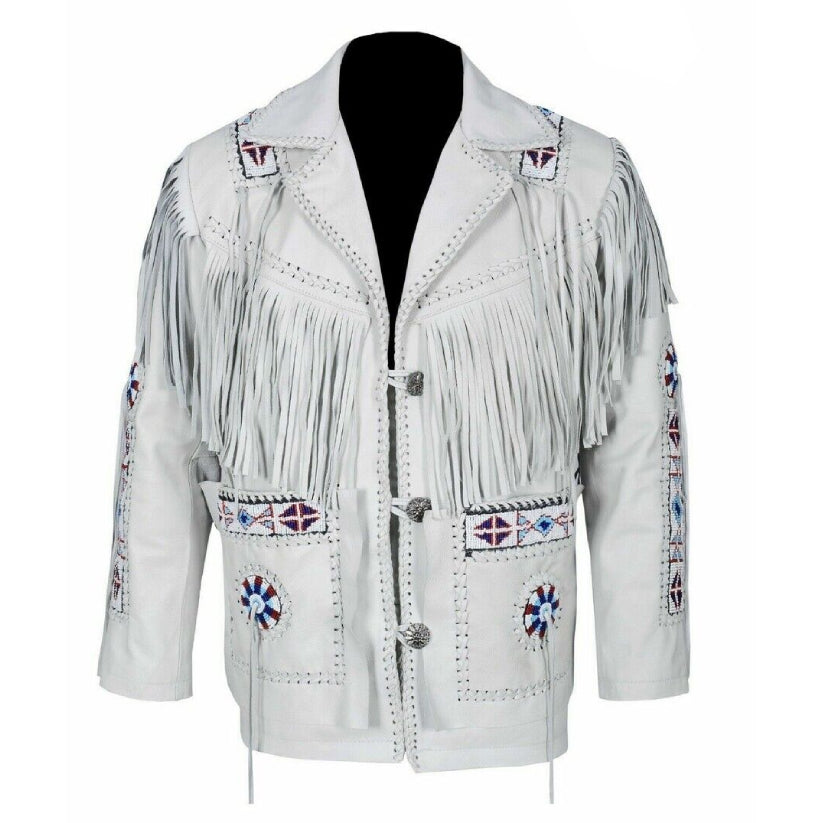 Real Leather Jacket Men Native American Western Cowboy Fringe & Beaded White