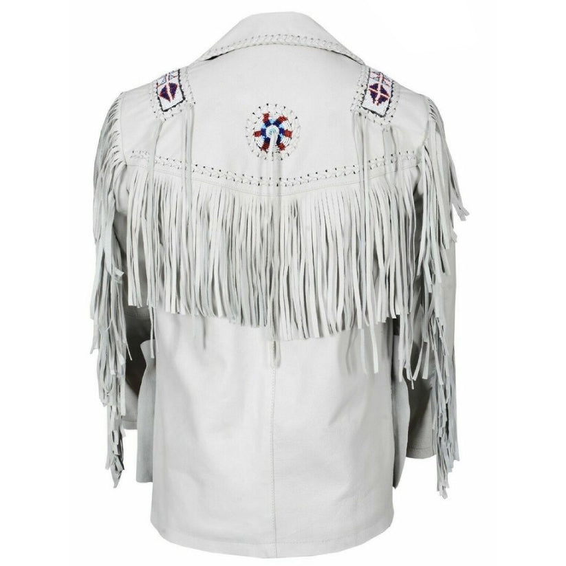 Real Leather Jacket Men Native American Western Cowboy Fringe & Beaded White