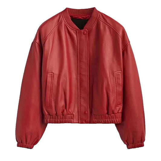 Red Leather Bomber Jacket For Women