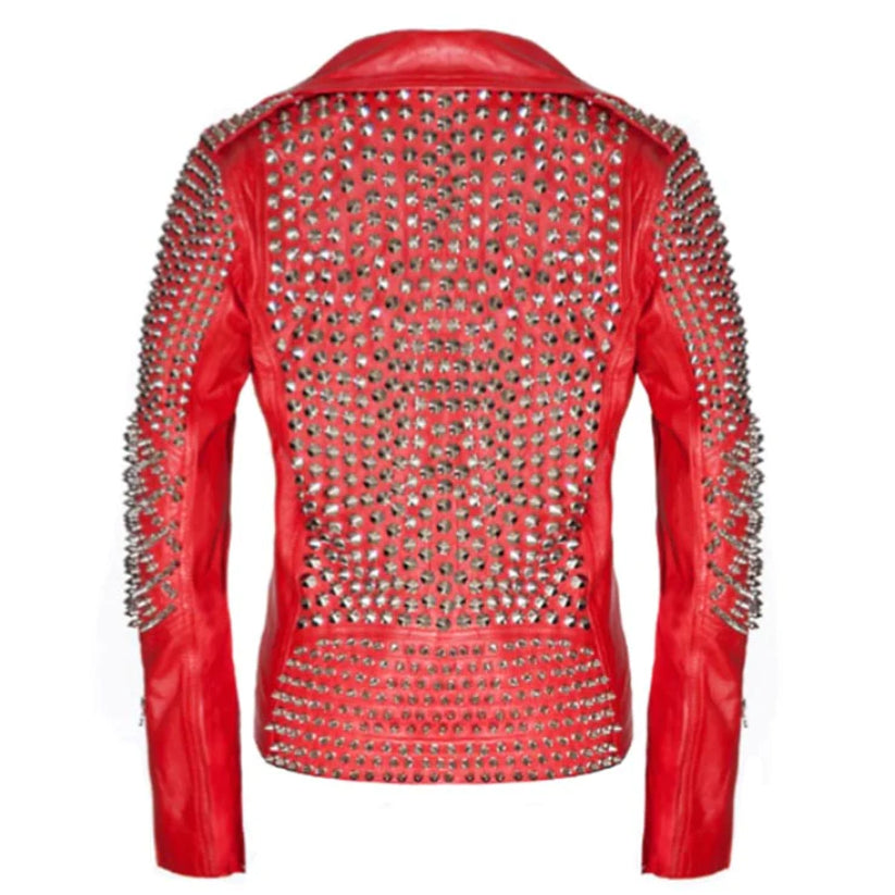 Red Leather Studded Biker Jacket for Women