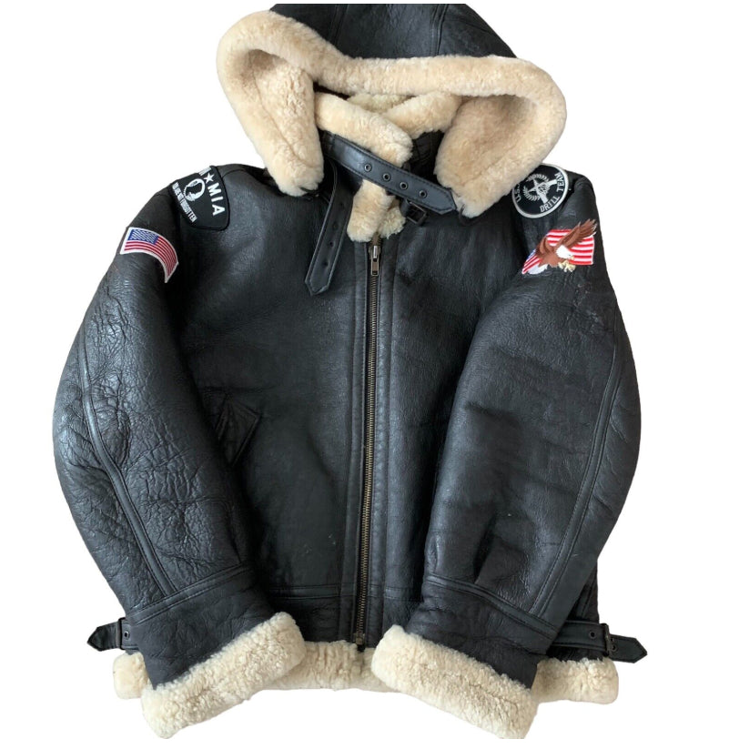 Shearling Leather Flight Bomber Jacket Sheepskin 2XL Patches Hood