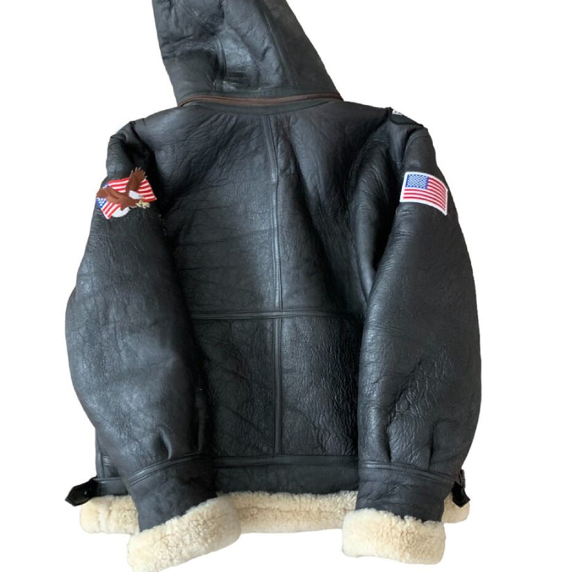 Shearling Leather Flight Bomber Jacket Sheepskin 2XL Patches Hood