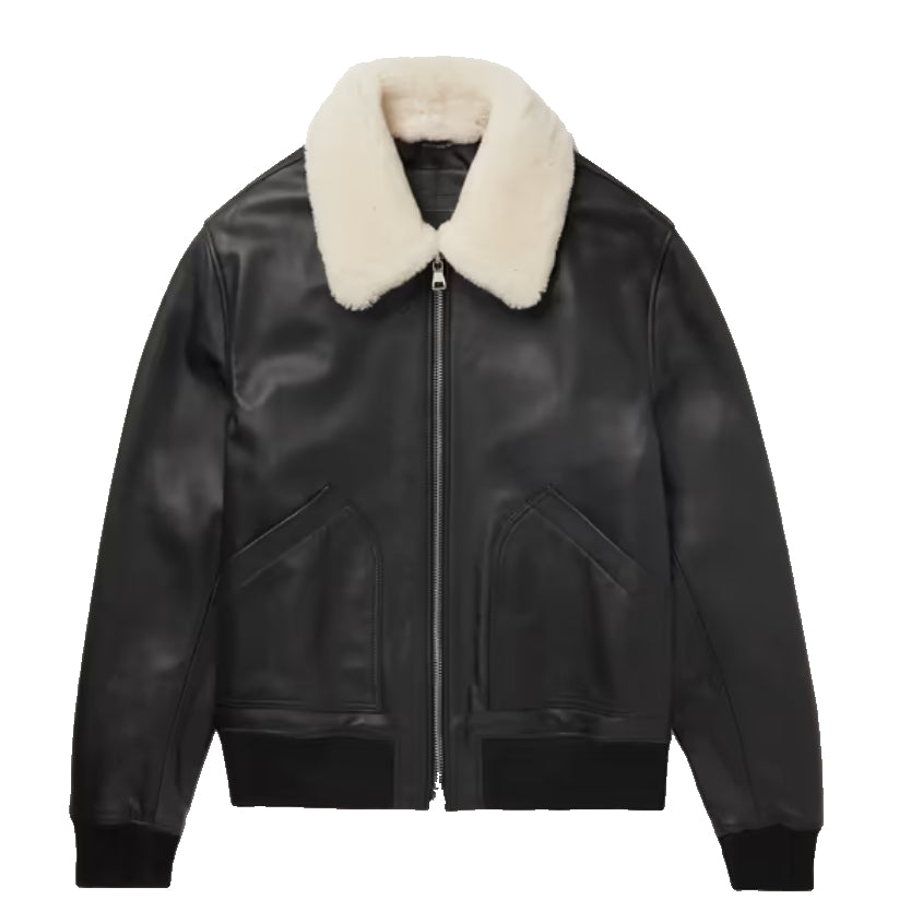 Shearling Trimmed Leather Bomber Jacket