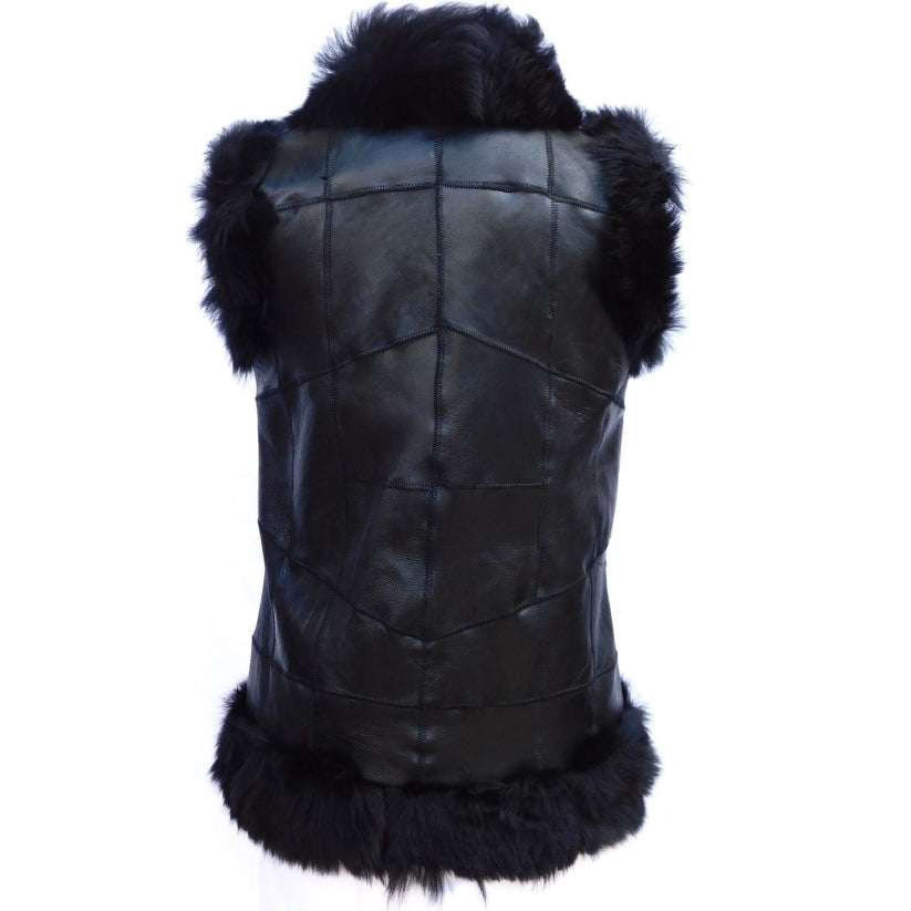 Sheepskin Shearling Real Fur Leather Black Winter Warm Womens Vest