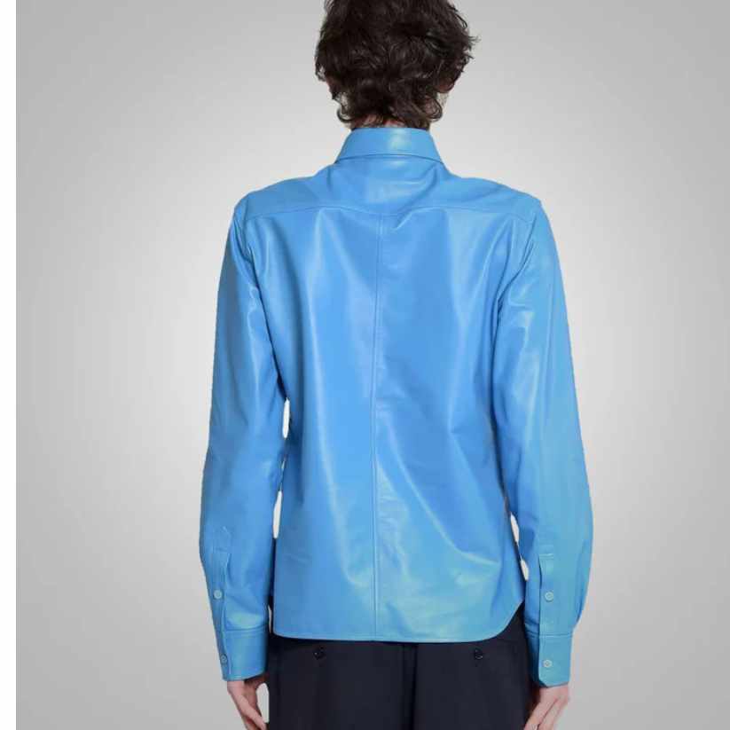 Sky Blue Lambskin Leather Shirt Men