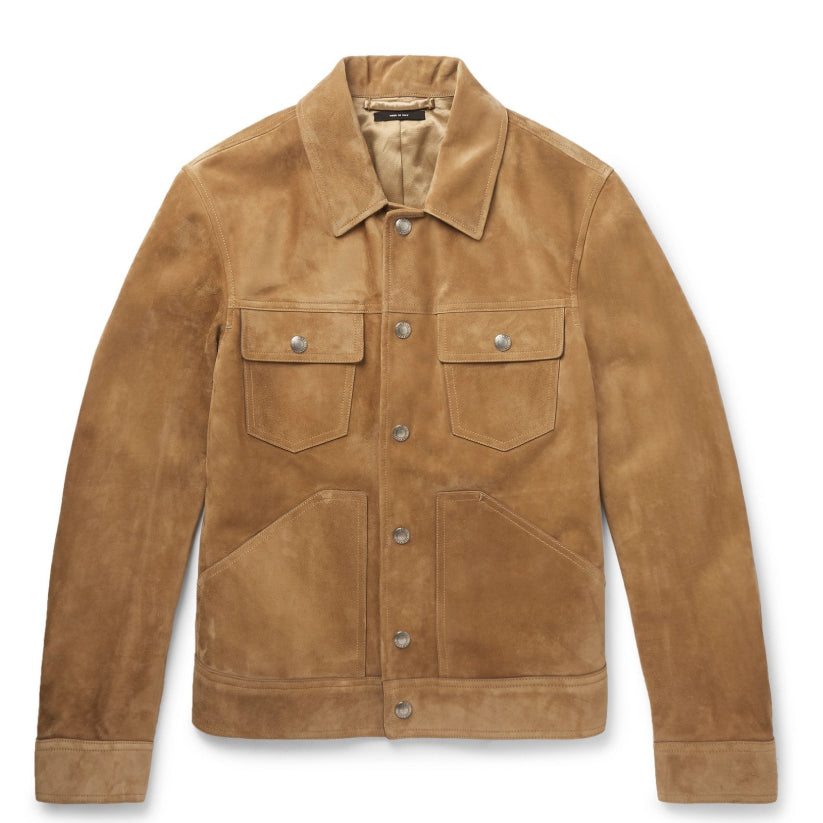 Slim-Fit Suede Trucker Jacket Brown