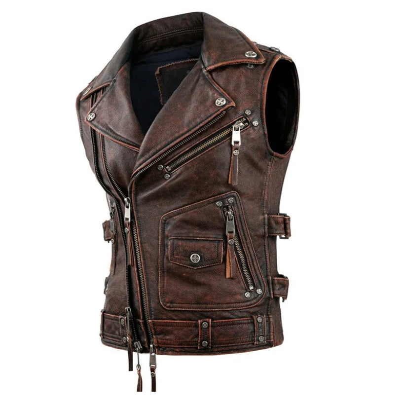 Slim Fit Western Biker Riding Leather Sleeveless Vest