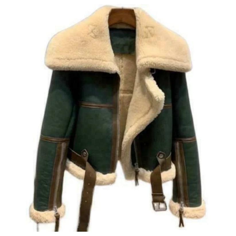 Stylish Women's Green Bomber Sheepskin Leather Jacket With Fur