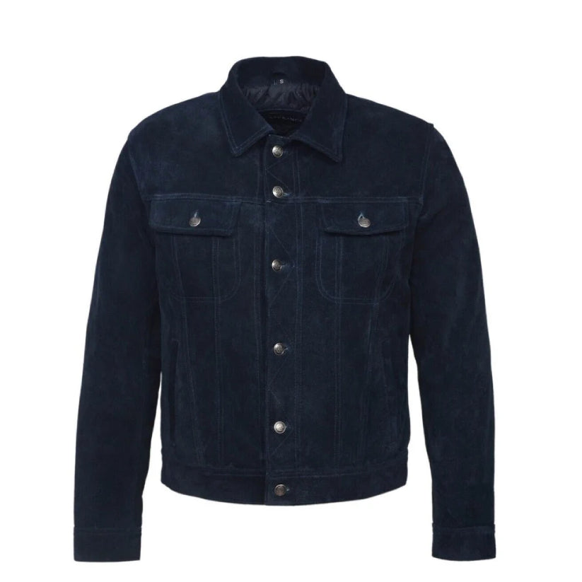 Trucker Men's Jacket Genuine Blue Suede Leather