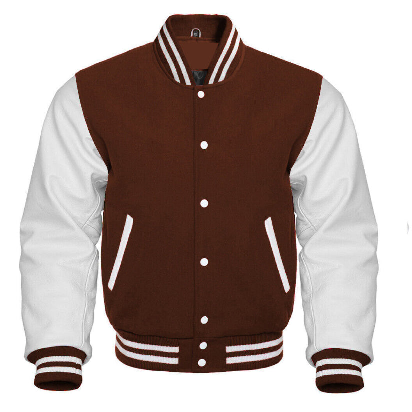 Varsity Brown Letterman Baseball Wool & White Real Leather Sleeves Jacket
