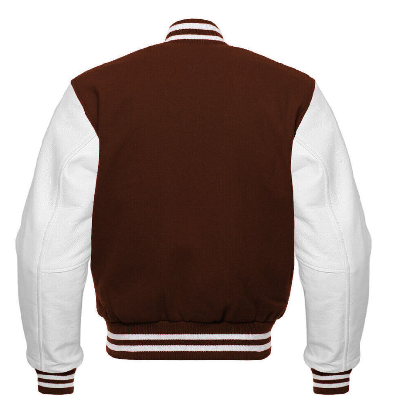 Varsity Brown Letterman Baseball Wool & White Real Leather Sleeves Jacket