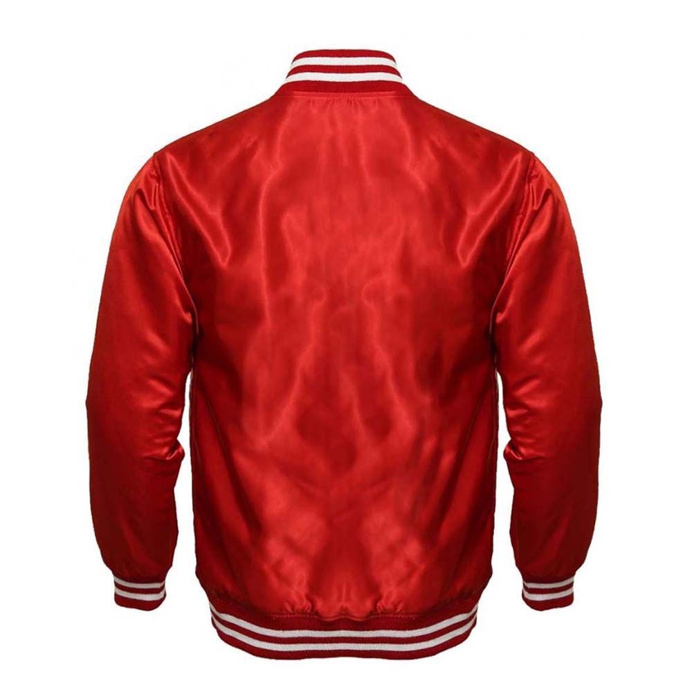Womens Red Satin Varsity Leather Jacket