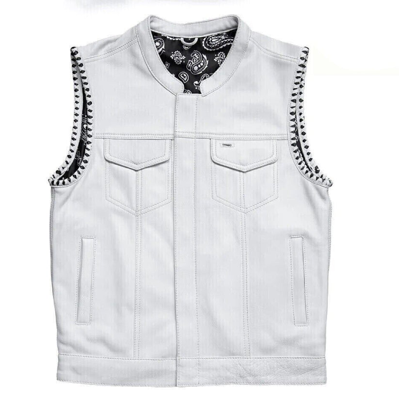 White Leather Men's Motorcycle Concealed Biker Vest