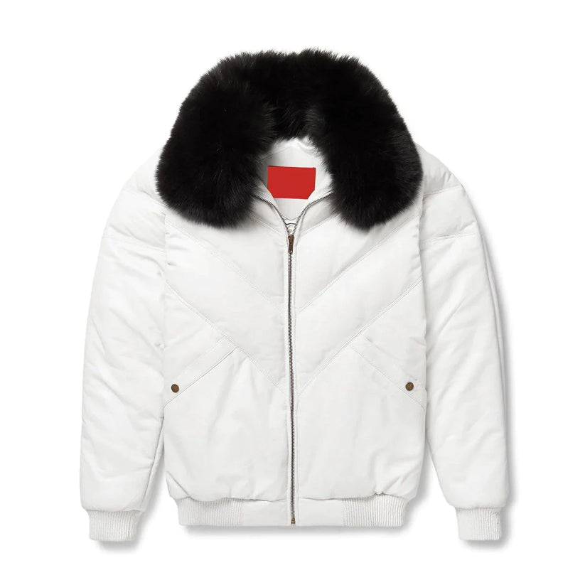 White Leather V Bomber Jacket