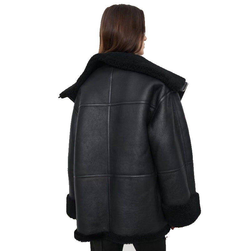 Women B3 Raf Aviator Black Styled Sheepskin Shearling Leather Jacket