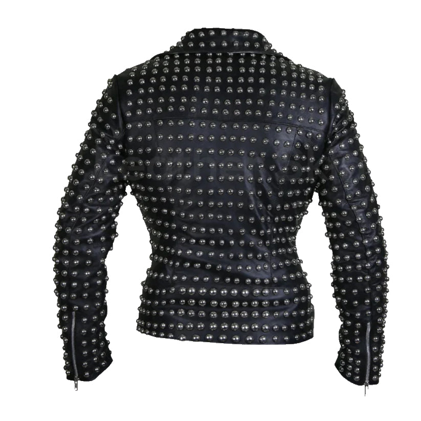 Women Black Belted Studded Leather Jacket