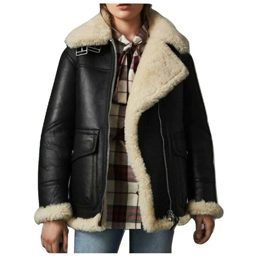 Women Black Bomber Aviator Leather Jacket