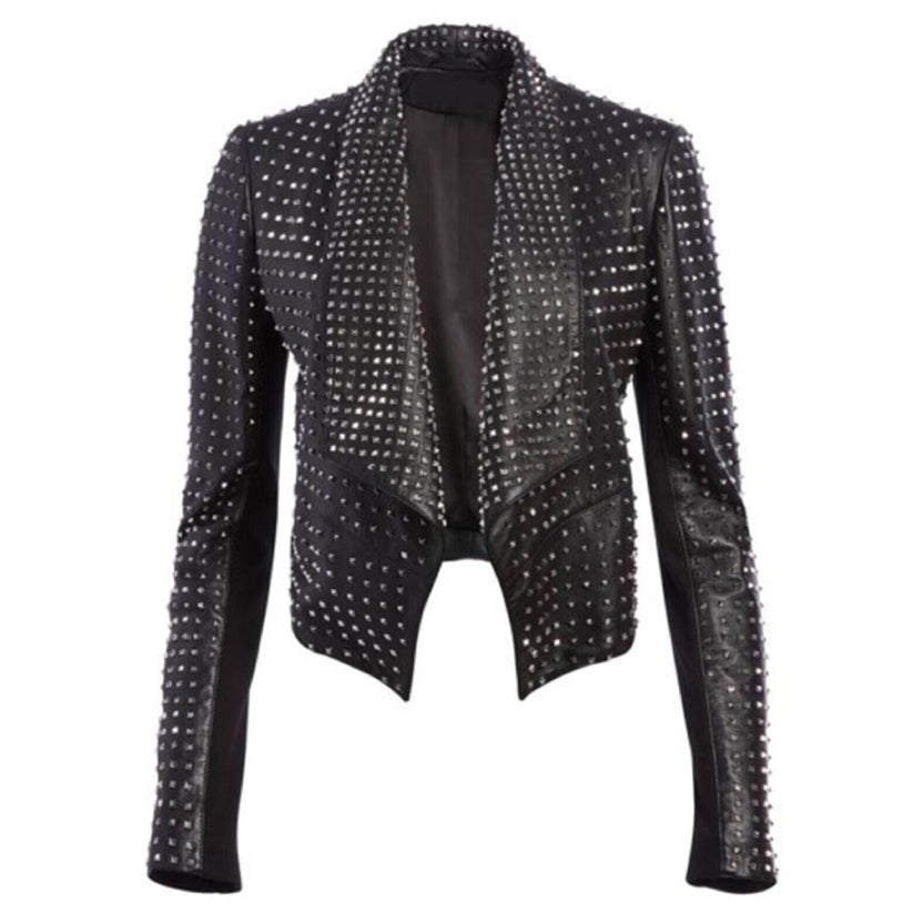 Women Black Leather Silver Studs Motorcycle Jacket