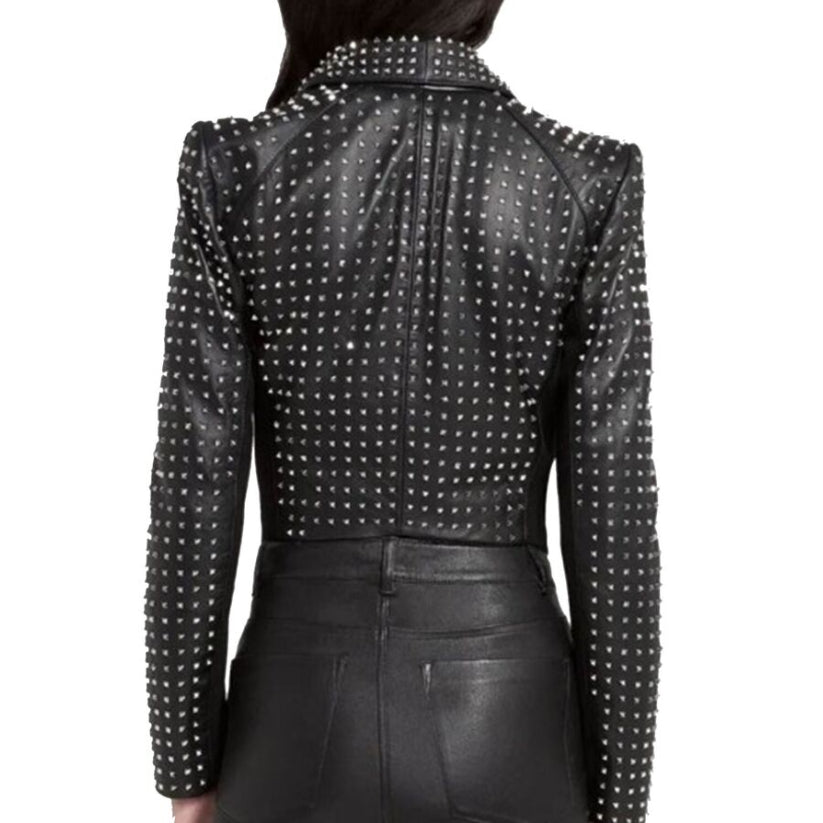 Women Black Leather Silver Studs Motorcycle Jacket