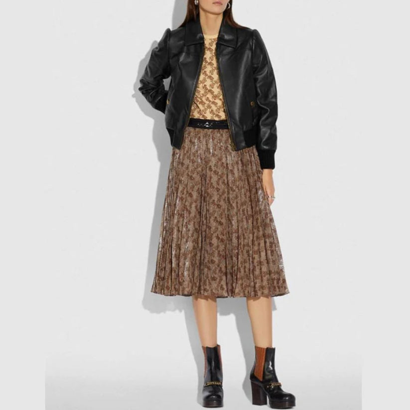 Women Black Shearling Aviator Leather Bomber Jacket
