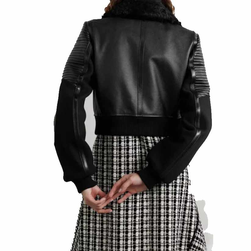 Women Black Shearling leather bomber jacket