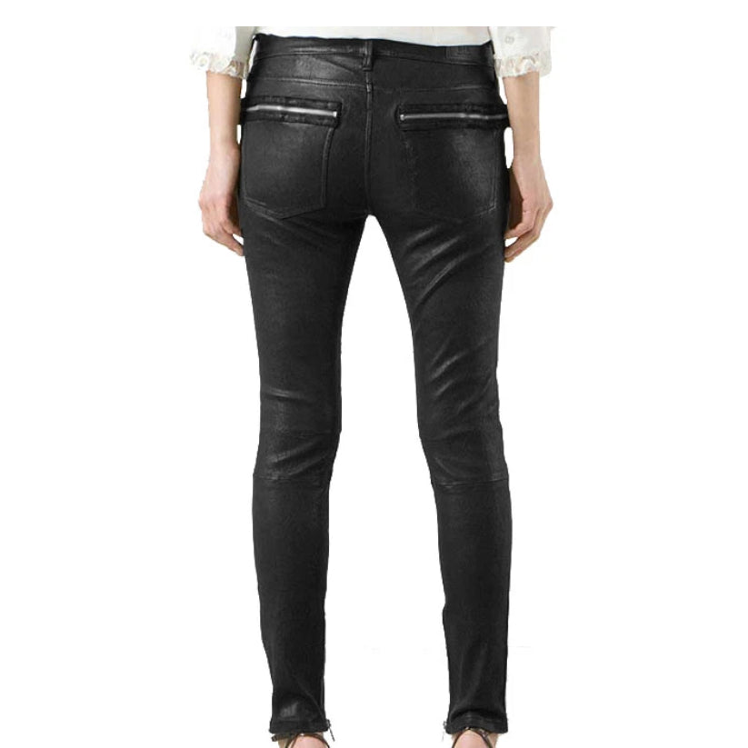 Women Black Zipper Leather Pants