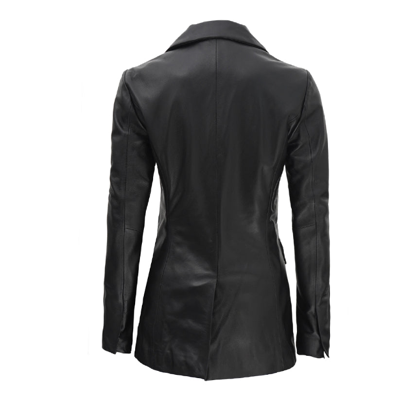 Women Double Breasted Black Leather Blazer