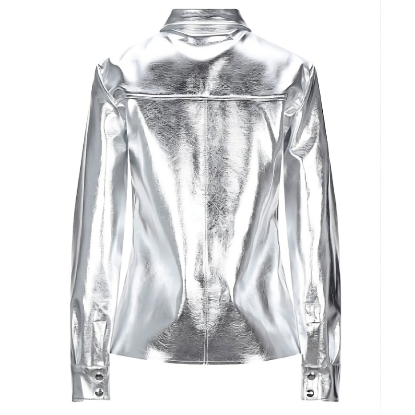 Women Genuine Real Lambskin Leather Shirt Silver