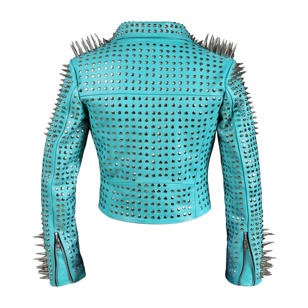 Women Genuine Silver Studs Zippered Leather Jacket