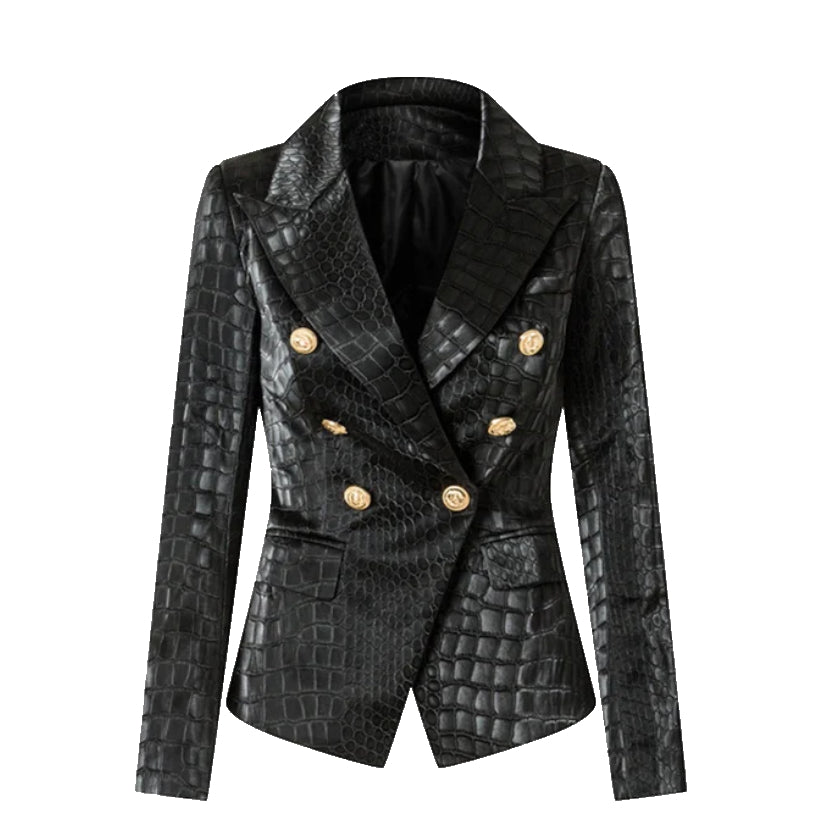 Women Golden Buttons Leather Black Blazer