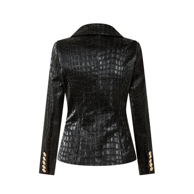 Women Golden Buttons Leather Black Blazer