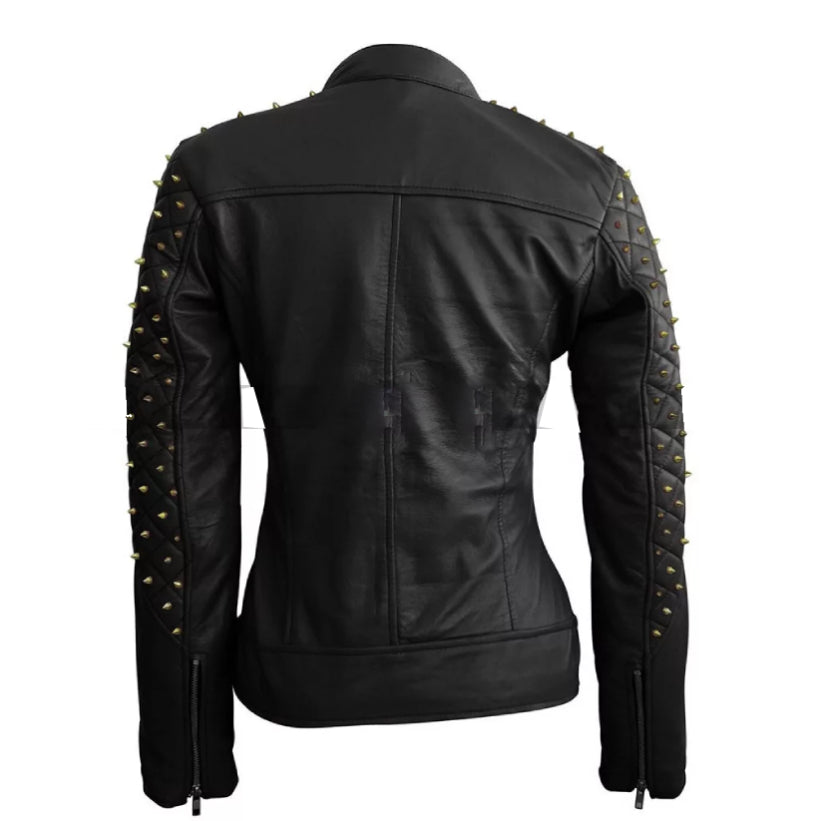 Women Golden Spike Studded Black Leather Jacket
