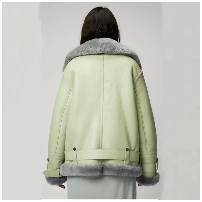 Women Green RAF Aviator Styled Sheepskin Shearling Leather Jacket