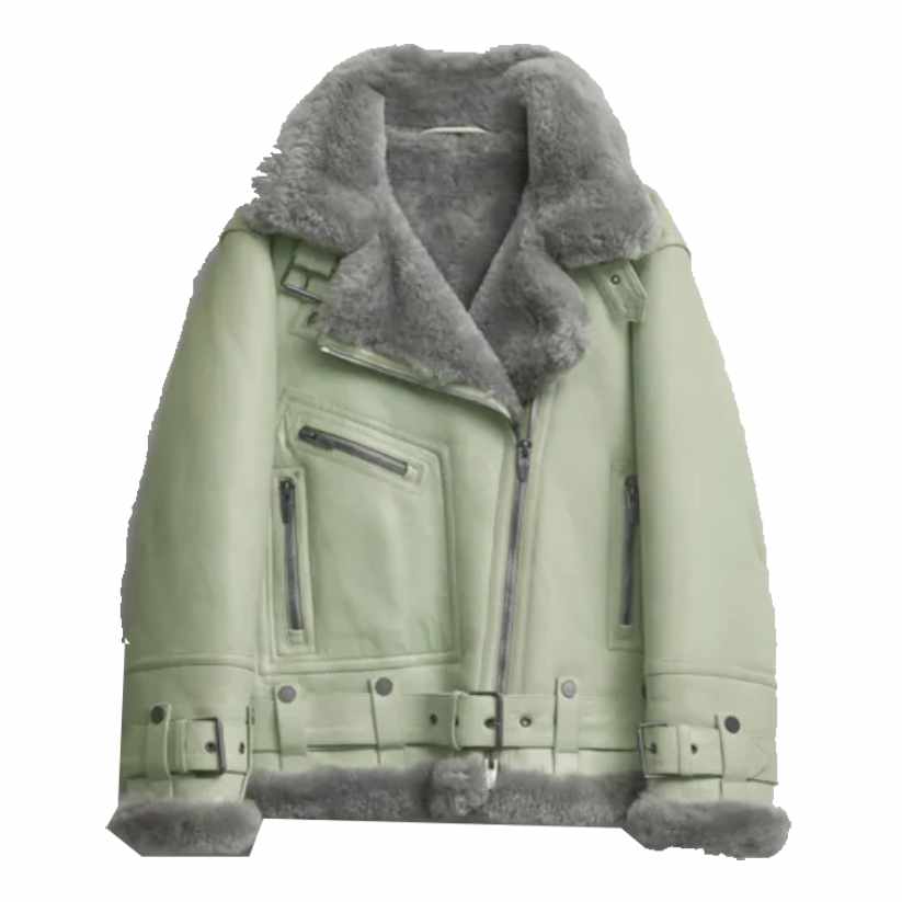 Women Green RAF Aviator Styled Sheepskin Shearling Leather Jacket