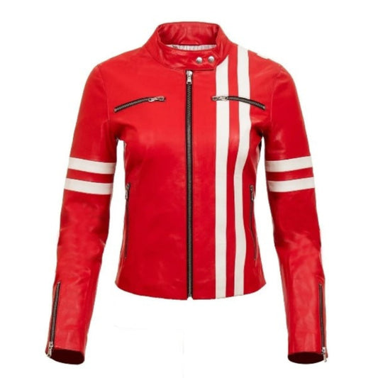 Women Lambskin Leather Motorcycle Jacket Red