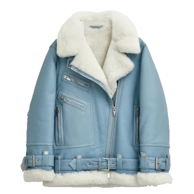 Women Light Blue Aviator Leather Jacket
