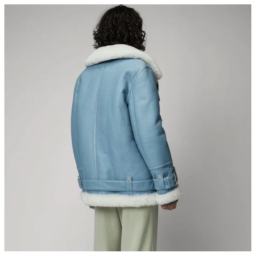 Women Light Blue Aviator Leather Jacket