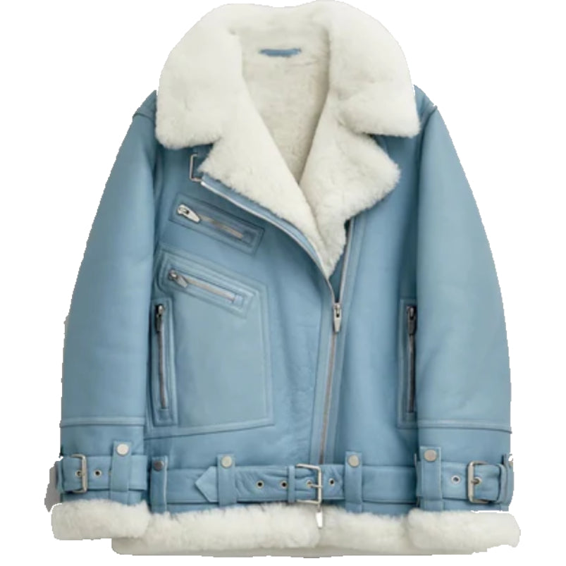 Women Light Blue B3 RAF Aviator Styled Sheepskin Shearling Leather Jacket