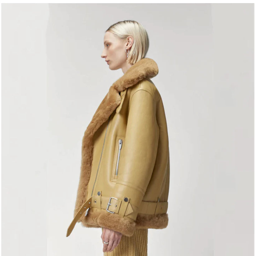 Women Light Brown Shearling Leather Jacket