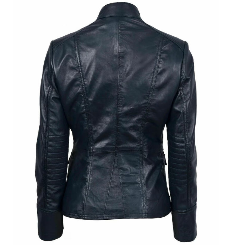 Women Motorcycle Lambskin Leather Blue Jacket