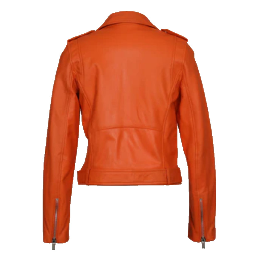 Women Orange Leather Biker Jacket