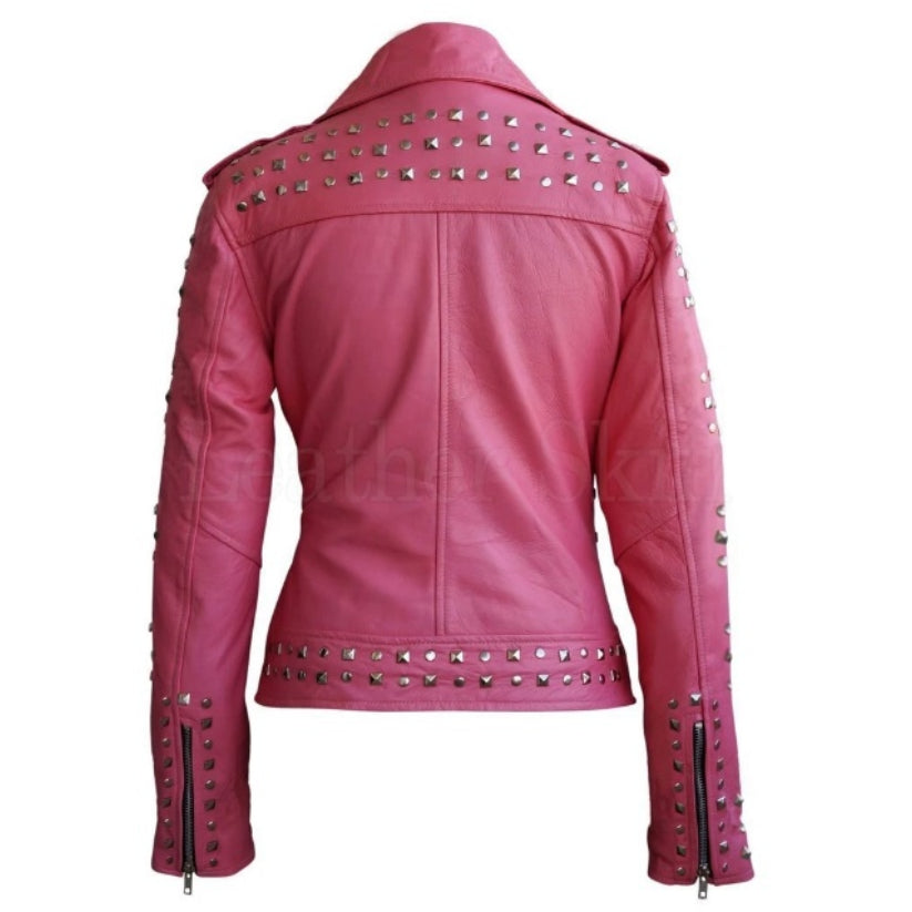 Women Pink Studded Studs Genuine Leather Jacket
