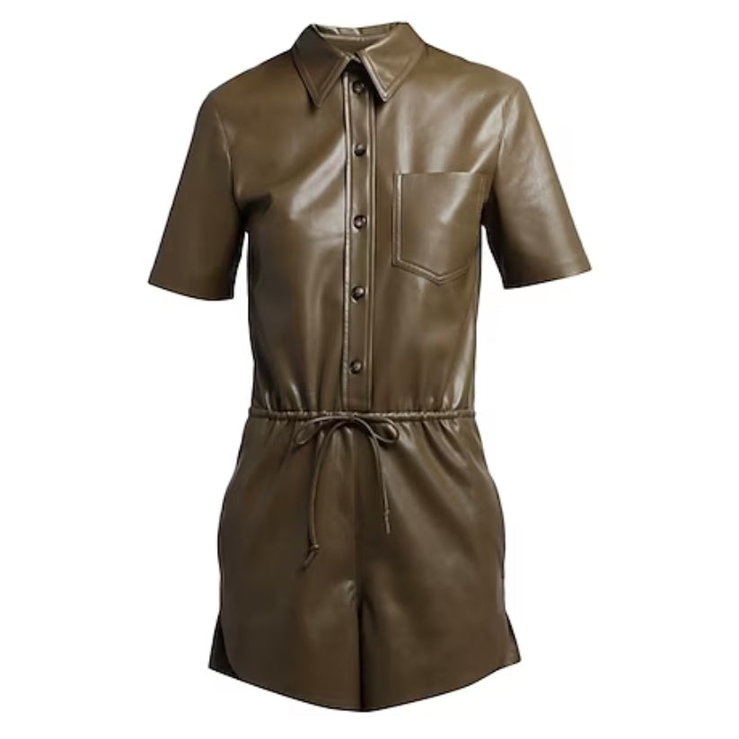 Women Real Leather Military green Jumpsuit