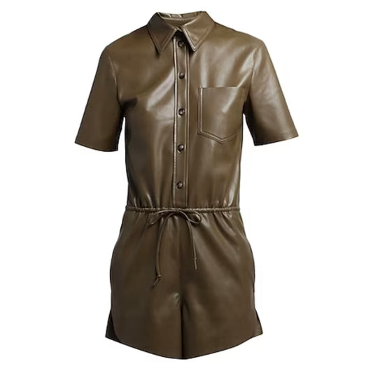 Women Real Leather Military green Jumpsuit
