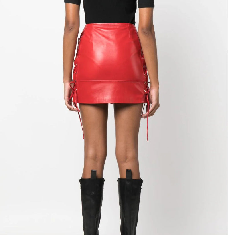 Women Red Biker Leather Miniskirt