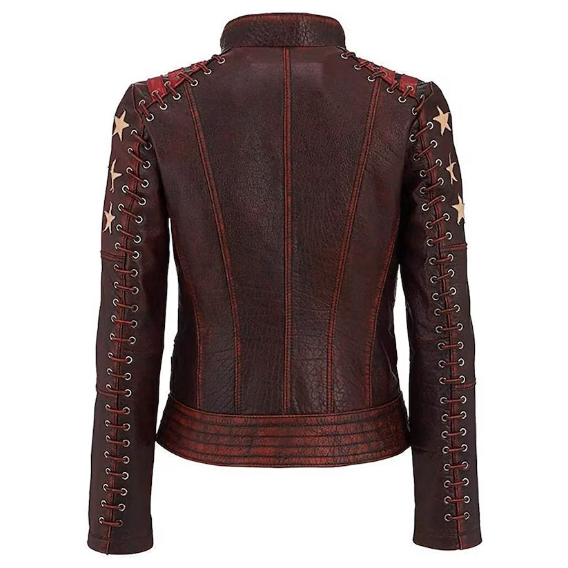 Women Red Star Biker Slim Fit Leather Jacket