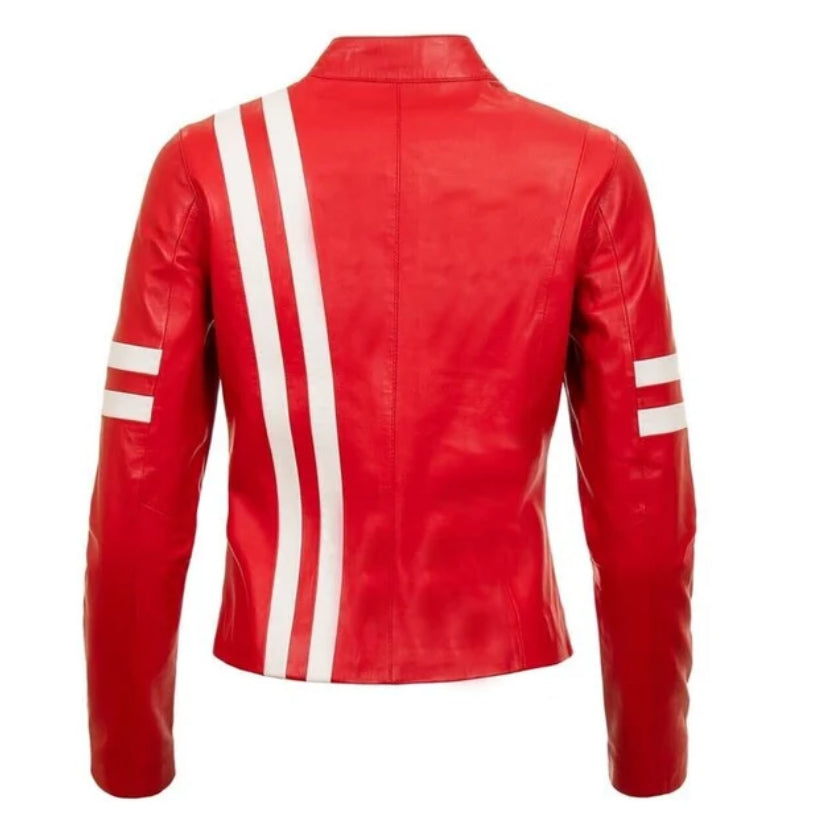Women Red White Strip Biker Cafe Racer Rider Stylish