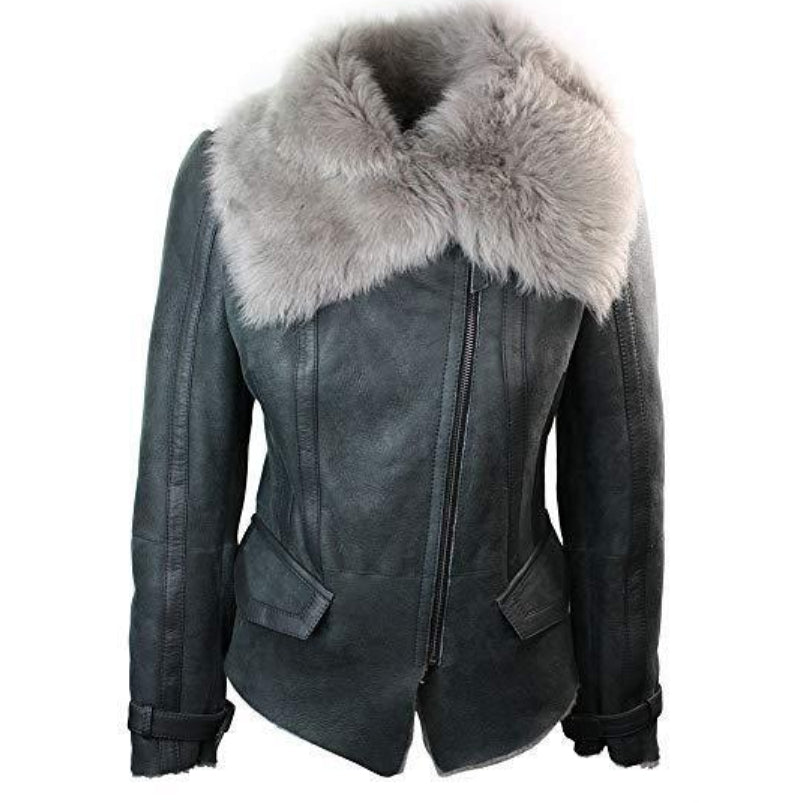 Women Shearling Sheepskin Aviator Gray Leather Jacket