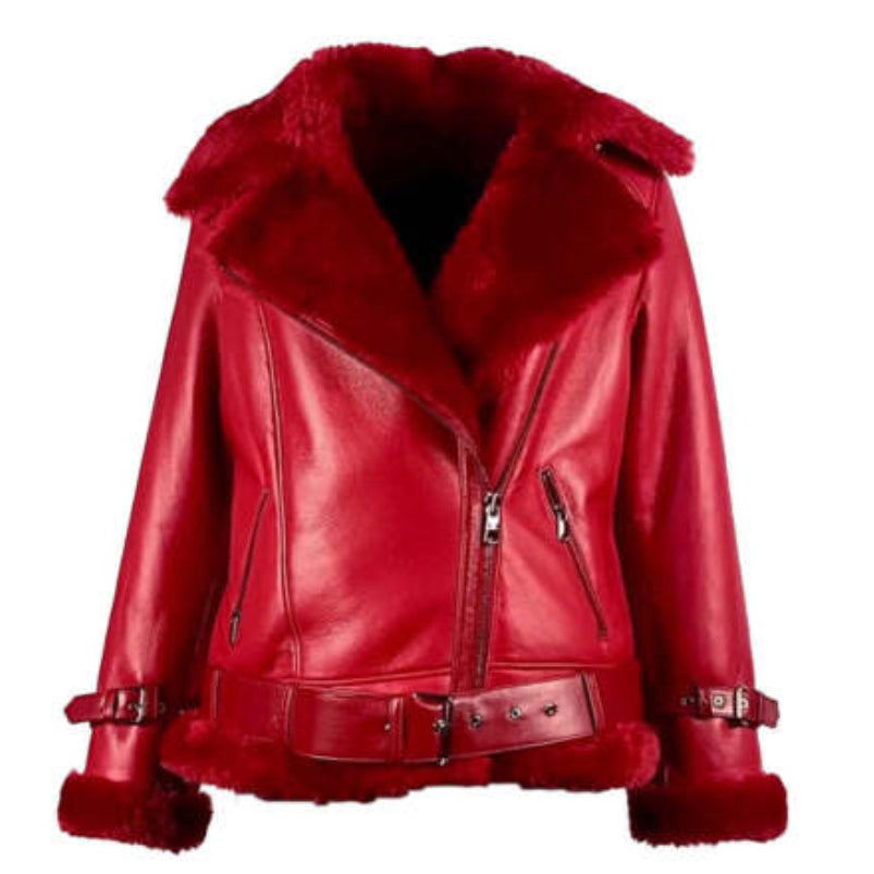 Women's Aviator RAF B3 Shearling Bomber Red Real Sheepskin Fur Leather Jacket
