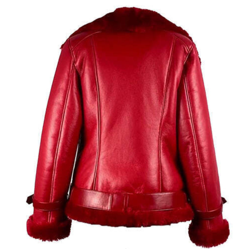 Women's Aviator RAF B3 Shearling Bomber Red Real Sheepskin Fur Leather Jacket